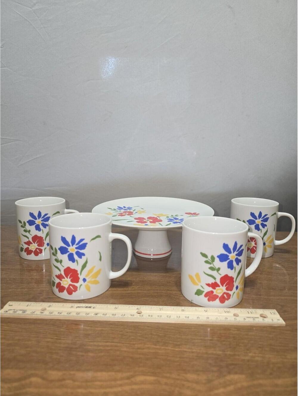 Vintage Made in Japan Floral Ceramic Cake Stand 10in  w/ 4 Mugs - 5pc